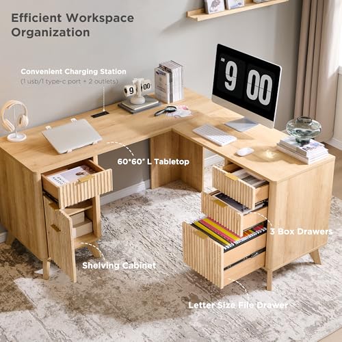 T4TREAM 60\'\' Fluted Executive L Shaped Desk, Modern Home Office Desk with Charging Station and File Drawer, Computer Corner Desks with Drawers & Storage Cabinet for Office Home, Bedroom, Natural Oak
