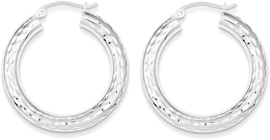 925 Sterling Silver Diamond Cut Shiny Tube Hoop Earrings - 32mm