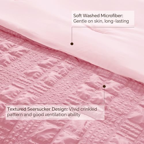 Image of BEDELITE Queen Comforter Set, Seersucker Bedding Set 3 Pieces, Pink | All Season Use, Machine Washable, Soft and Lightweight, Ruched Comforter for Bedroom, Wrinkle-Resistant, Cozy and Stylish