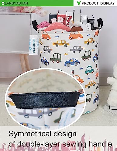 Image of Laundry Basket Canvas Fabric Collapsible Organizer Basket for Storage Bin Toy Bins Gift Baskets Bedroom Clothes Children Nursery Hamper (Round Color Cars)
