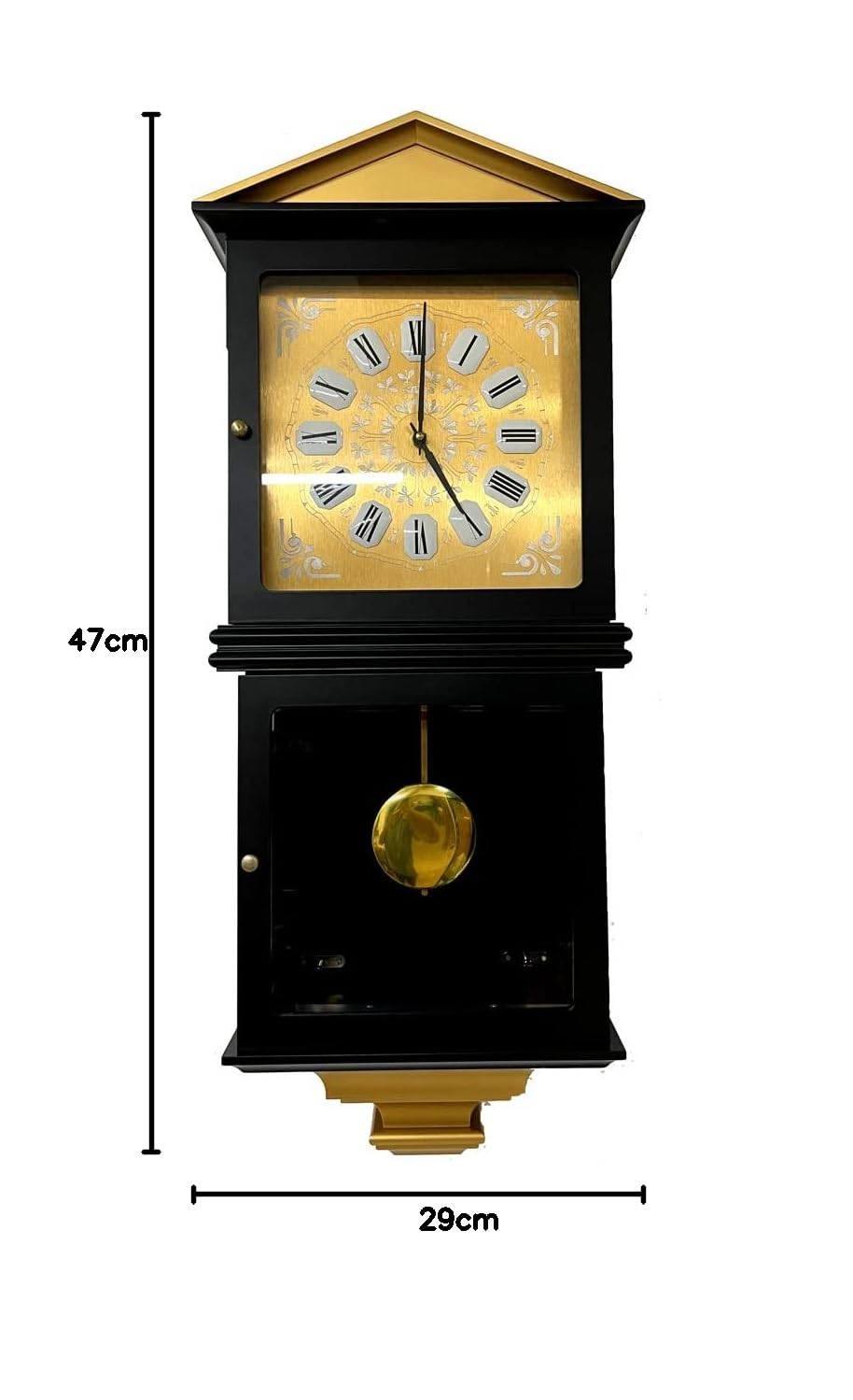 Reloj de Pared de péndulo, Madera y Cristal Lacado Negro, 78cm, Reloj regulador Cuarzo, con soneria, 3 melodías, Suena Enteras y Cuartos