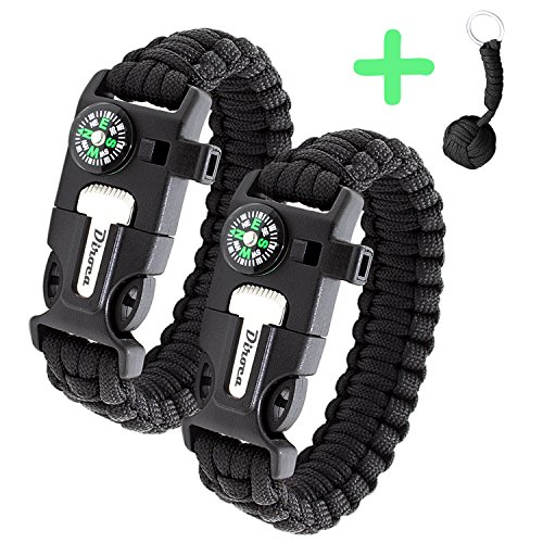 Paracord Bracelet Survival Kit | Black 550 Parachute Cord | 5 in 1 Tactical Set w/ Compass, Fire Starter, Knife, Whistle & Rescue Rope | Outdoor Emergency Gear | Waterproof | 2Pcs + Monkey Keychain