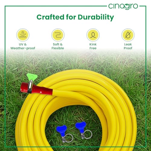 Image of Cinagro 50 Meter 0.5 Inch Garden Foam Hose Pipe, Made of PVC Powder Compound, Non-Toxic, Durable & Flexible, Comes with Tap Connector & 3 Clamp for Watering Garden, Cleaning, 164 Ft, Neon Yellow