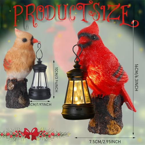 Suzile 2 Pcs Cardinal Couple Garden Statue with Solar Lantern 6.3" Male and Female Cardinal Birds Solar Light for Outside Cardinal Garden Sculptures & Statues Lights for Lawn Decor Ornament Gift - Image 3