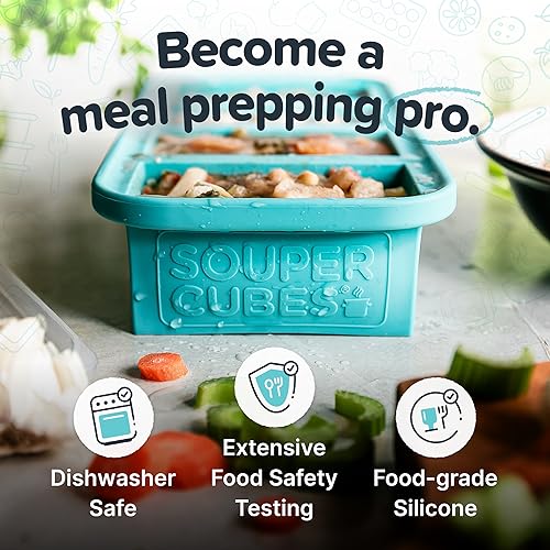Image of Souper Cubes 1 Cup Silicone Freezer Mold with Lid, Aqua, 1-Pack | 100% Platinum-Cured Silicone Food Mold, Oven and Microwave Safe, Perfect for Freezing Soup, Rice, Protein, Grains and More
