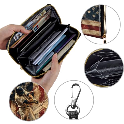 Image of Women's Wallets Credit Card Holder Money Leather Long Wallet | Long wallet with Wristlet,Large Capacity with Zip-Around Phone Purse for Women Ladies Girls,Baseball American Flag