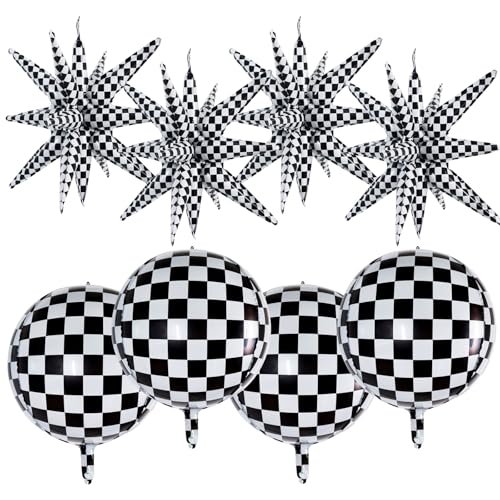 Image of TONIFUL 8Pcs 22Inch Black Checkered Large 4D Giant Round and Star Balloons Explosion Star Mylar Balloons Set for Christmas New Year Birthday Wedding Bridal Shower Anniversary Photo Booth Supplies