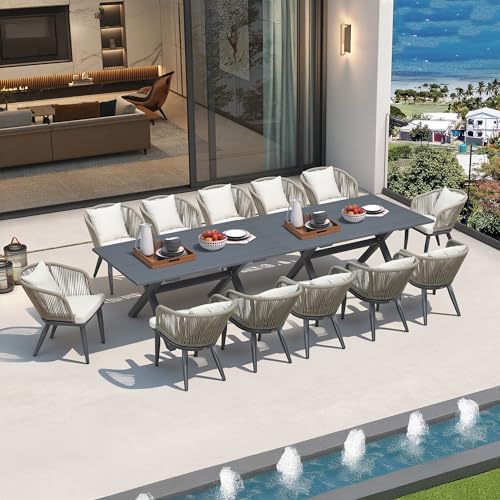 Image of PURPLE LEAF 14 Pieces Patio Dining Set Wicker Outdoor Furniture Rectangular Table and Chairs Set for Garden Deck Aluminum Frame Backyard Kitchen Set, Cushions and Pillows Included Taupe