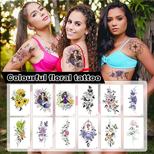 Cuteliili Flower Temporary Tattoos For Womens Arm Neck Leg, Multi-Colored Body Art Fake Tattoos For Adults Girl, Realistic Tattoos Half Sleeve Temporary Tattoos #TOP2