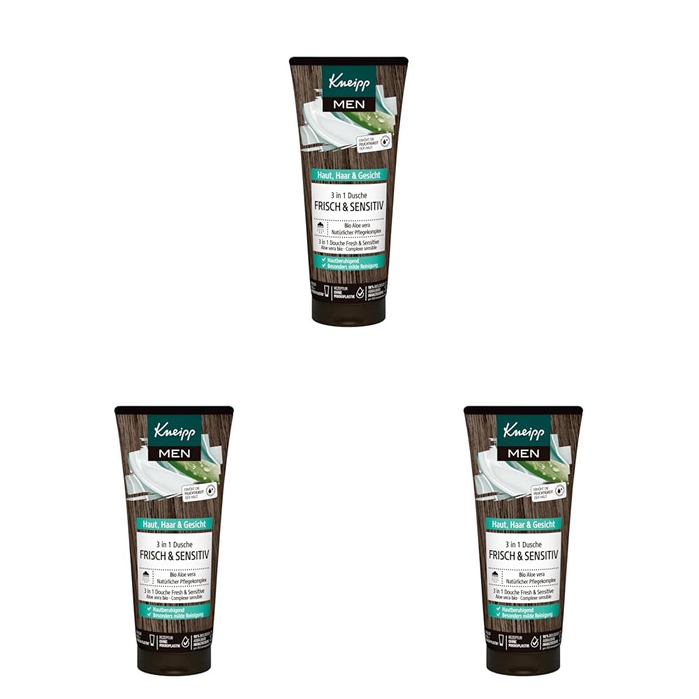 Kneipp MEN 3 in 1 Dusche Frisch und Sensitiv, mit belebend frischem Duft, natürlichem Pflegekomplex und Bio Aloe Vera, vegan, pH-hautideal, 200ml (Packung mit 3)
