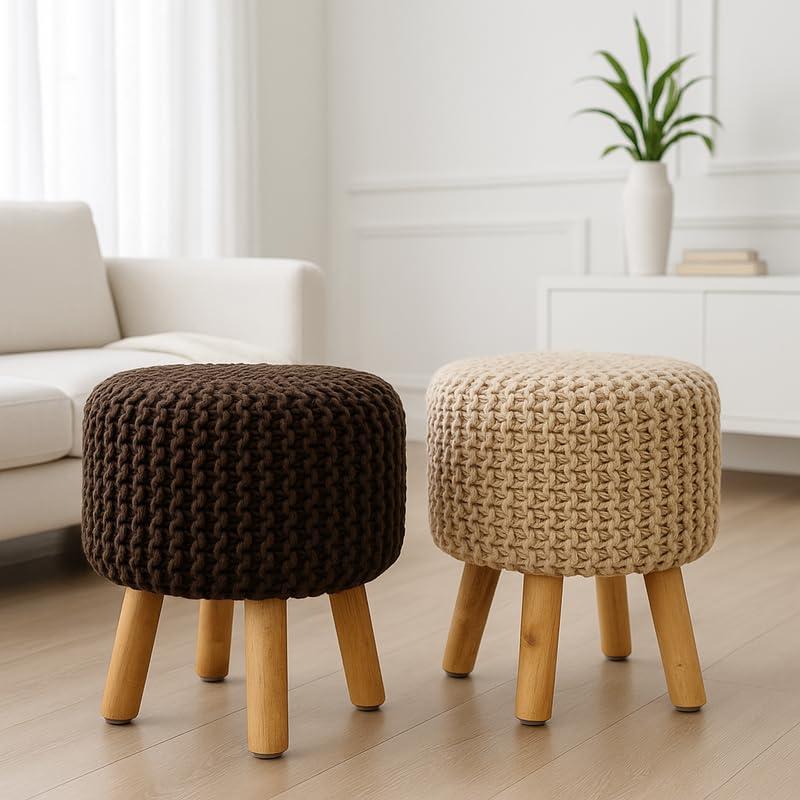 Dori Combo Stool | Handwoven Pouffe Stool Set for Home Decor | Durable & Stylish Footrest for Living Room & Balcony | 16x16x17 Inch (Brown-Beige)