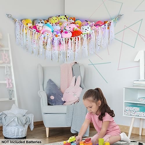 FIOBEE Stuffed Animals Net or Hammock with LED Light, Toy Hammock Hanging Stuffed Animals Storage Organizer Holder Room Décor for Nursery Kids Bedroom