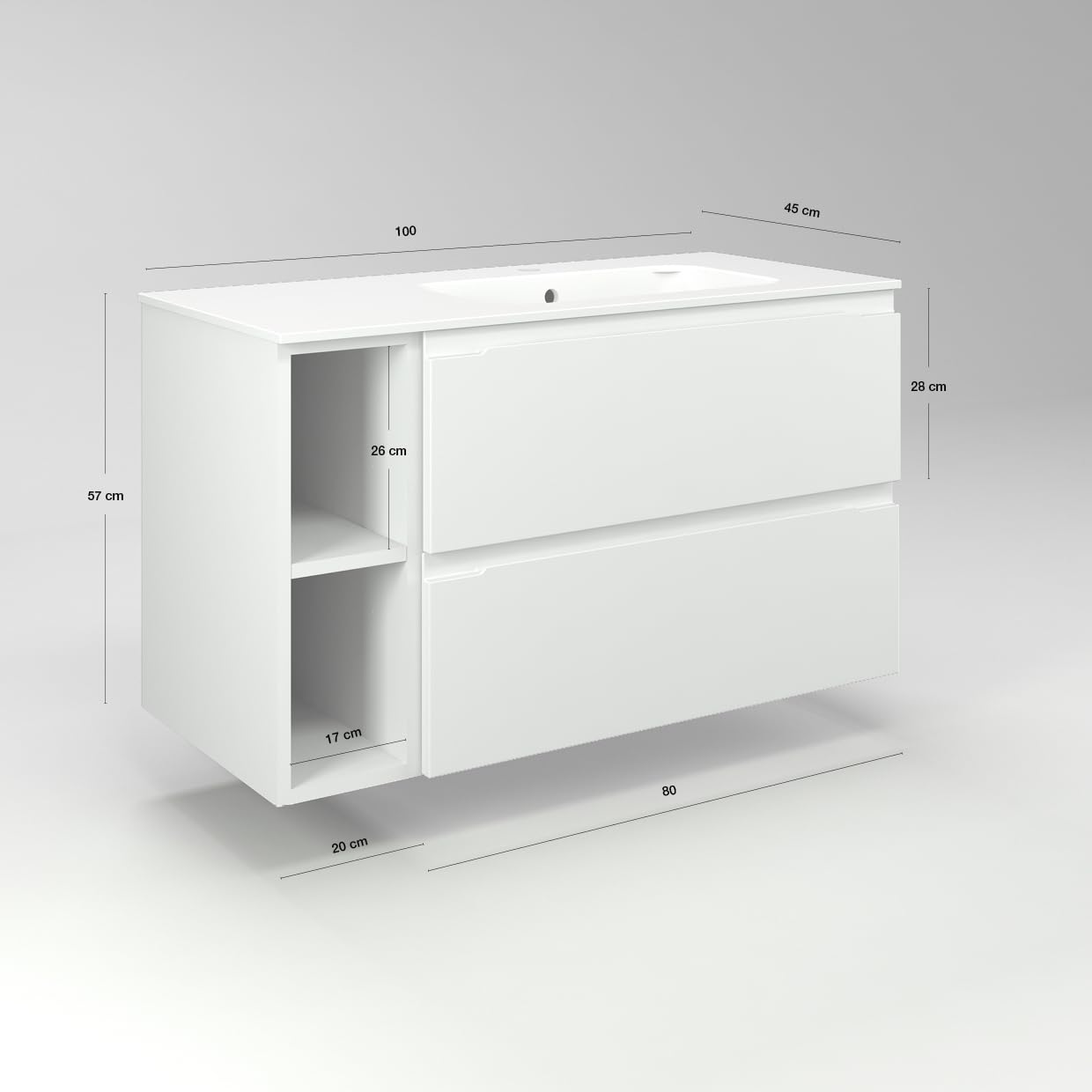 Diventa Modello Diva Star, Mobile Bagno sospeso 100cm con 2 cassetti spaziosi, 2 vani a giorno e lavabo dal design moderno, colore bianco e grigio