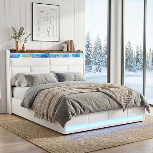 Lit Coffre 140x200 avec Éclairage LED, Lit Double Rembourré en Similicuir PU avec Rangement Hydraulique, Tête de Lit avec Étagères, avec Sommier à Lattes et Cadre...