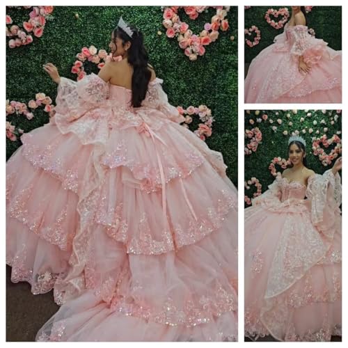 XYAYE Glitter Tulle Quinceanera Dresses with Sleeves Lace Layered Vestidos de Quinceañera Puffy Beaded Strapless 16 Dresses4
