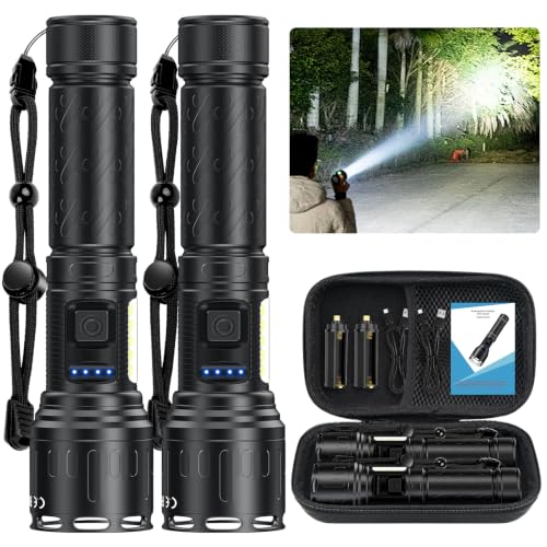 Image of Banral Rechargeable Magnetic Flashlights High Lumens, Super Bright LED Powerful Flashlight 8 Modes with COB Work Light, Waterproof Handheld Flash Light for Camping (2 Pc with Leather Box, Black)