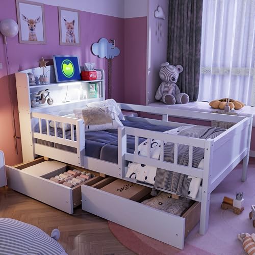 Wood Twin Bed with Built-in LED Light, Multi-Functional Headboard, Guardrail and 2 Drawers, Twin Bed Frame for Kids, Teens, Boys, Girls, No Box Spring Required, Easy Assembly (White)