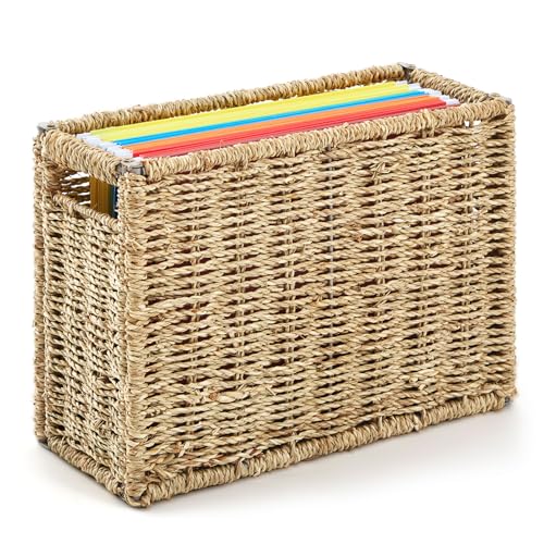 Teenyyou 1 Pack Seagrass Hanging File Box 14.5 x 6 x 10.8 Inch Decorative File Basket Woven Document...