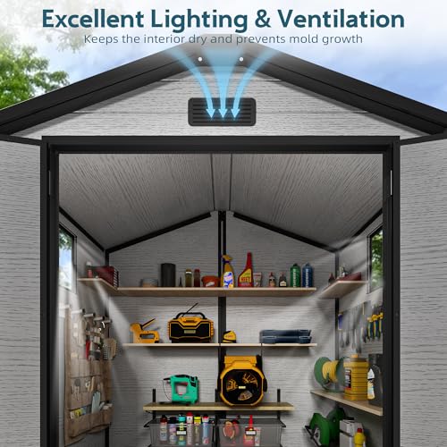 Image of 6X4FT Plastic Storage Shed with Floor, Resin Storage Shed with Drainage Channel & Lockable Door, Outdoor Plastic Sheds Suitable for Bikes, Furniture, Gardening Tools