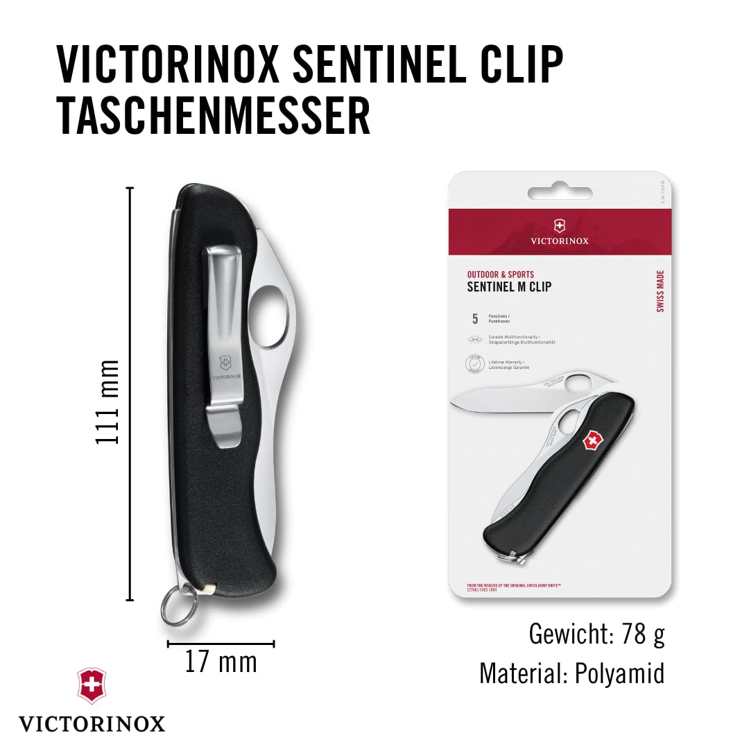Victorinox Schweizer Taschenmesser, Sentinel M Clip, Multitool, Swiss Army Knife mit 5 Funktionen, Einhand-Feststellklinge, Pinzette