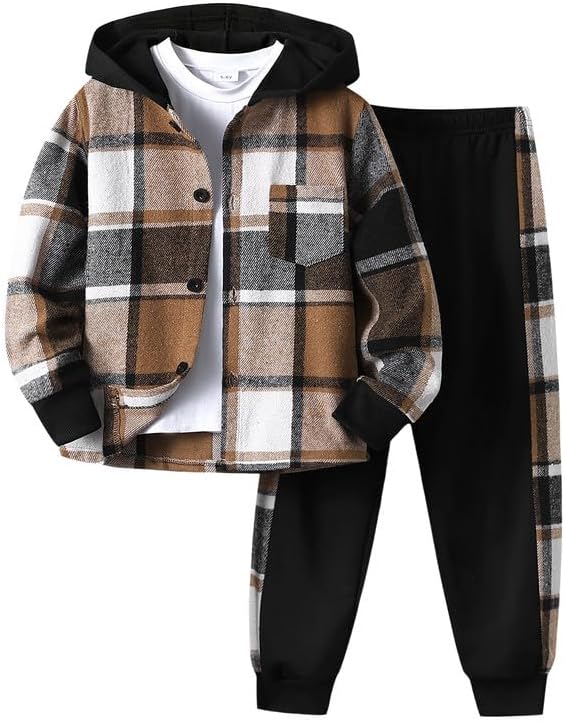 Kids Boys 2Pcs Clothes Plaid Hooded Shirt and Jogger Pants Set 4-12 Years