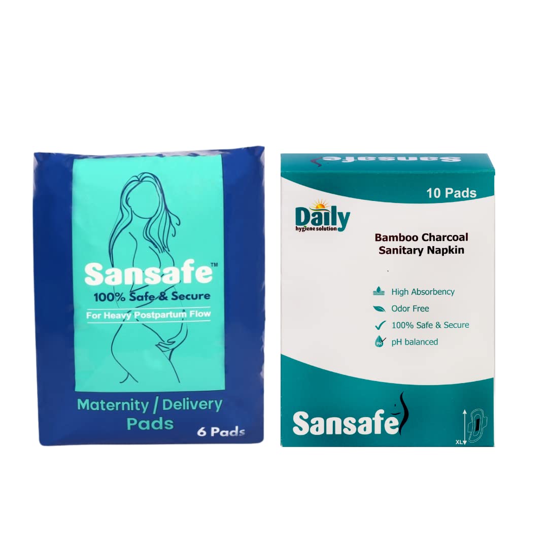 Sansafe Maternity Pads for New Mom ( 7 Pads, High Absorption upto 700ML ) & Sansafe Super Soft Sanitary Napkins ( 10 Pads, 280mm with Individual Disposal Covers) | Perfect for Urinary Incontinence and Heavy Flow
