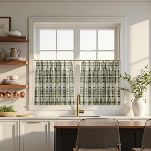 Image of TWOPAGES Pinch Pleat Plaid Print Cafe Curtains, Latte, 52W x 36L