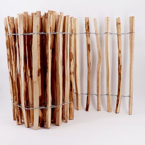 5m Aquagart Staketenzaun 100cm hoch Lattenabstand 4-6cm Gartenzaun Kastanienzaun aus Haselnuss Langlebiger Holzzaun Holz Zaun mit doppelter Drahtumspannung Rollzaun