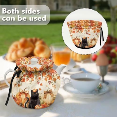 Image of Fall Bow Tea Cozy Cover Insulated Dust Cover for Teapot Black Cat Tea Pot Covers for Keeping Warm Kettle Protector Covers Washable Portable Party Decoration