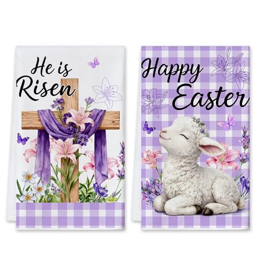 cusugbaso Easter Kitchen Towels Set of 2 Lamb Dish Towels for Kitchen,18x26 Inch Purple Buffalo Plaid Happy Easter Decor Spring Decoration