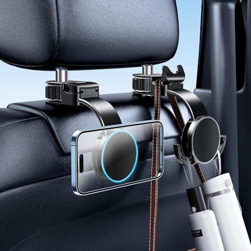 DICMKY 1 Pack Headrest Hook for Car Seat Back with Magnetic Phone Holder, Multifunctional Car Seat...
