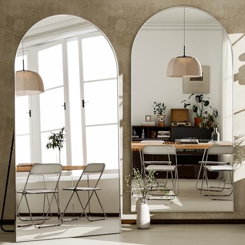 GLSLAND-34x76 inch Wall Mount Arched Full Length Mirror-Aluminum Alloy Frame High Definition-Full Body Mirror for Bedroom or Living Room,Silver