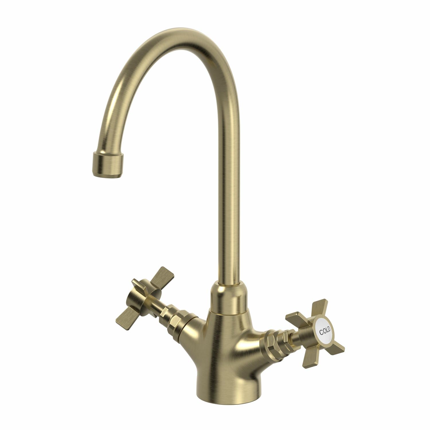 Säuber Brushed Brass Sauber® Burford Kitchen Sink Mixer Tap Twin Crosshead Handle Swan Neck Swivel Spout Brass Body For Sinks Taps Faucet Traditional Round,