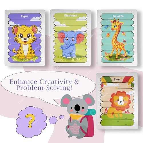 Image of Lefan 5 in1 Animal Puzzle Sticks for Kids - 5 Wooden Animal Puzzles with Tray Educational Montessori Toy for Toddlers Tiger Zebra Elephant Giraffe Lion Puzzle Set 2 3 4 5 6 7 Year Gift for Toddlers
