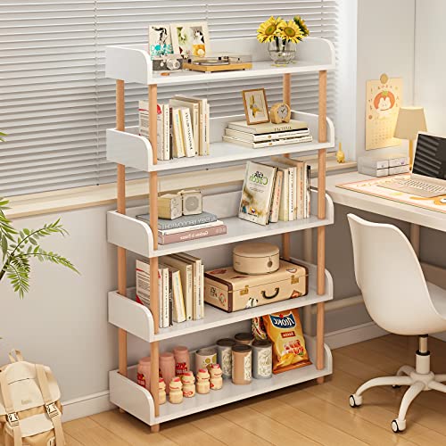 Oschf 5-Tier Wooden Open Bookcase - Modern Display Bookshelf With Top Edge And Solid Wood Frame For Home And Office, Storage Cabinet, Warm White #TOP6