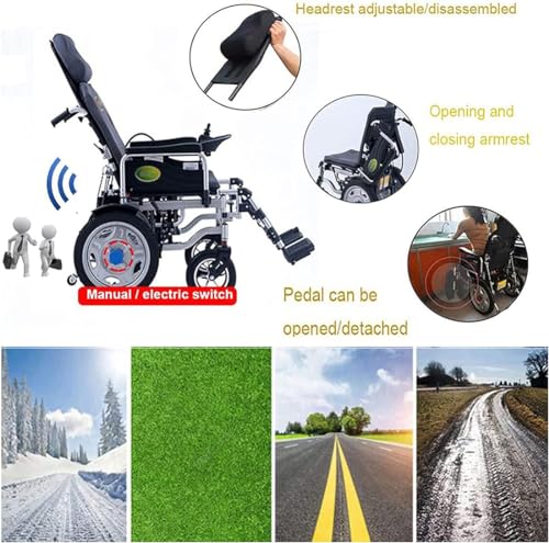 Silla de ruedas eléctrica plegable con reposacabezas, silla de ruedas eléctrica portátil con respaldo reclinable y motor dual para movilidad de personas con discapacidad y ancianos