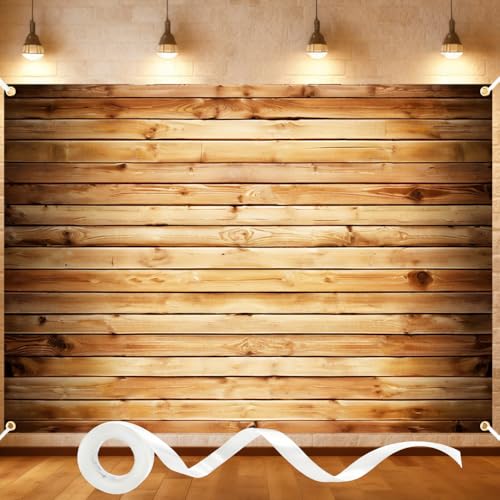 7x5FT Wooden Backdrop with Ribbon & 4 Brass Grommets Rustic Wood Backdrop for Photography Vintage Brown Wood Wall Background for Baby Shower Wedding Birthday Party Decorations