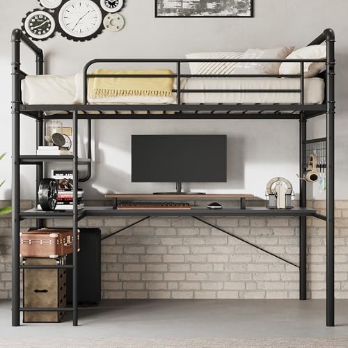 GarveeHome Loft Bunk Bed with L-Shaped Desk,Twin Loft Bed with Desk Underneath,Metal Bunk Beds with High Guardrail and Ladder for Kids/Teens/Adults,Easy Assembly, Vintage Black