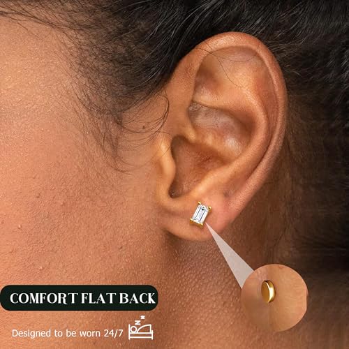 Moissanite Earrings Studs Flat Back Earrings Hypoallergenic - 14K Gold Plated Sterling Silver Earring for Women Men Small Dainty Cartilage Helix Piercing Jewelry D Color VVS14