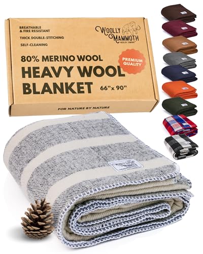 Woolly Mammoth Woolen Company Wool Blanket - 66 x 90 in, Striped Limestone, 80% Merino Wool - Camping Blankets for Cold Weather - Double-Stitched for Overlanding, Hunting, Emergency Kits, Bushcraft