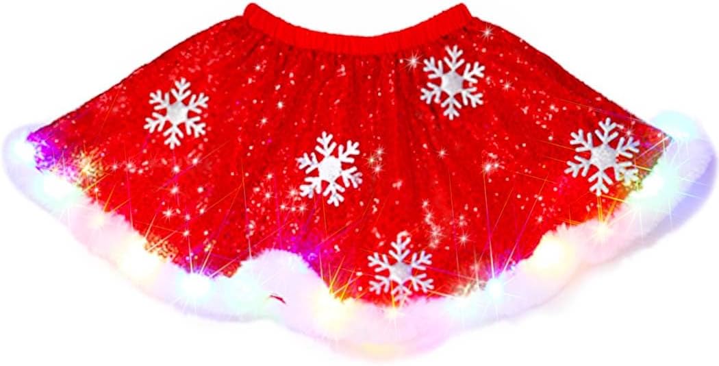 DRESBE Christmas Light Up Skirt Red LED Snowflake Sequin Skirts Glow Xmas Party Costume for Women