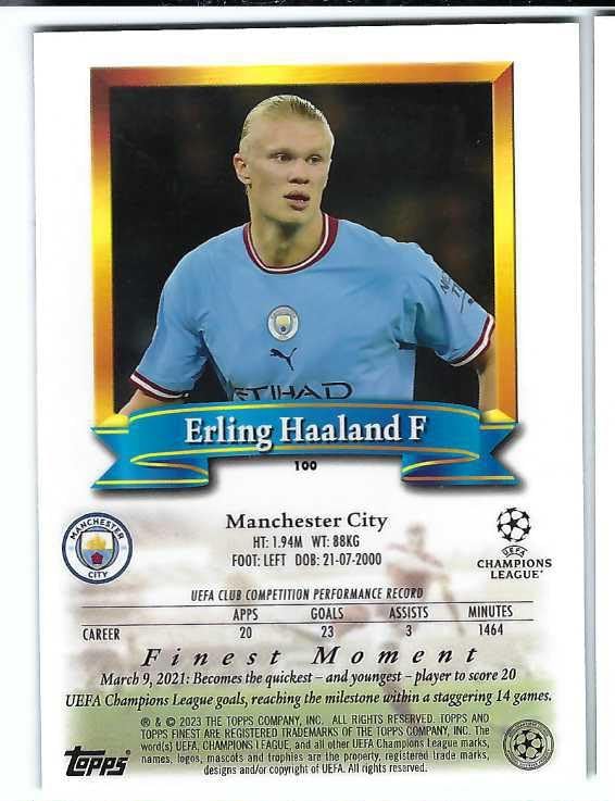 ERLING HAALAND 2022-23 Topps Finest Flashbacks UEFA Club Competitions Soccer Card #100 Manchester City Norway
