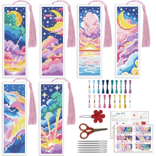 Image of ACRNIGHEET 6PCS Cross Stitch Bookmark Kit for Beginner Colorful Clouds Stamped Cross Stitch Kits Needlepoint Kit for Adults DIY Tassel Embroidery Bookmark Kits & Instructions Craft Gift 8.5 inchx3 inch 11CT