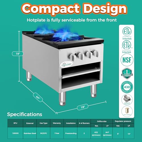 Image of 18 Inch 2 Burner 160,000 BTU Hot Plate, Stainless Steel Commercial Gas Stove, NG /LP Convertible, ETL Certified