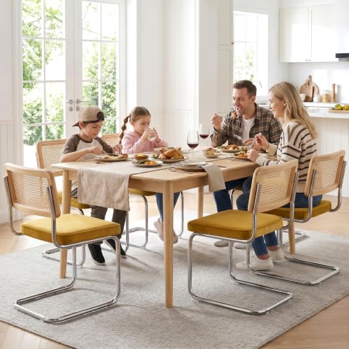 Image of Zesthouse Dining Chairs Set of 4, Natural Rattan Accent Chairs with Solid Wood Back & Stainless Chrome Base, Mid Century Modern Breuer Design Inspired, Upholstered Velvet Kitchen Chairs, Yellow
