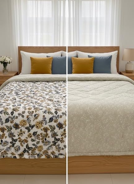 Image of Utopia Bedding Microfiber AC Comforter for King Size 220x240 cm - Lightweight, Skin-Safe & Hotel-Style Quilted Blanket with Floral Print (Beige)