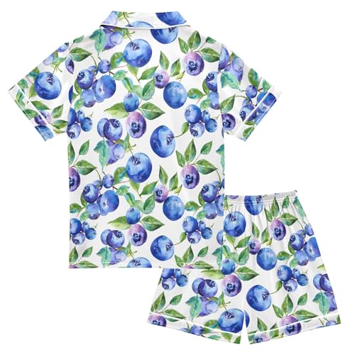 Blueberry Pattern Summer Satin Pajama Set, Cute Button-Down Sleepwear Pj Set for Sleep Wears2