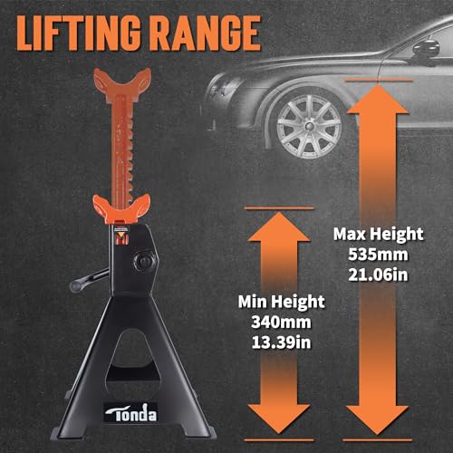 Image of TONDA Jack Stands 3 Ton, Extra Tall Heavy Duty, Black, 1 Pair | 13.39 inch-21.06 inch Adjustable Height, For SUV, MPV and UTV /ATV, Self-locking Ratcheting,