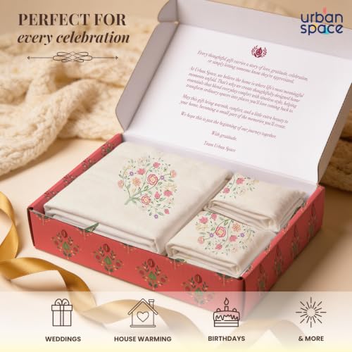 Image of Urban Space Festive Gifting Set- 100% Cotton Bedsheet for Double Bed, Floral Bed Sheet with 2 Pillow Covers Gift Set in Gift Box, 88 x 100 Inches, Kings Bloom I | Diwali, Festive & Housewarming Gift