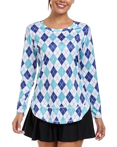 Deaviya Womens Long Sleeve Sports Tops UK, Sport Yoga T-Shirt Workout Running Tops, Crew Neck Quick Dry Golf Activewear Ladies Gym Sports Top, M,Black Green Grid